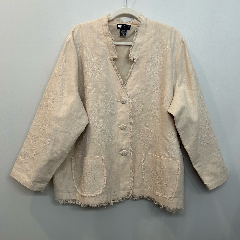 Carole Little Woman’s Linen Blazer Embroidery Fringe Cream Flax Color Size 2X